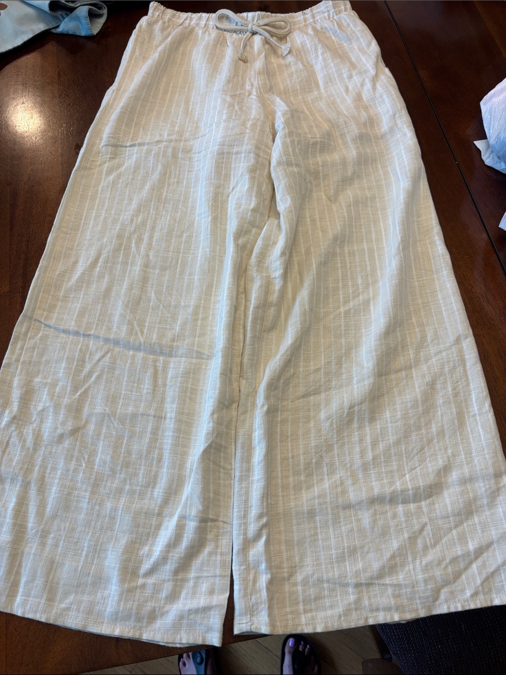 art class Cream Wide-Leg Drawstring Pants with Subtle Stripe